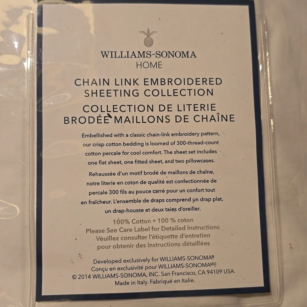 Williams Sonoma Chain Link White Embroidered Luxurius Italian King Sheet Set